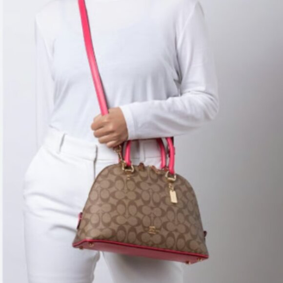 Coach Signature Katy Satchel in Khaki Electric Pink - Picture 2 of 10